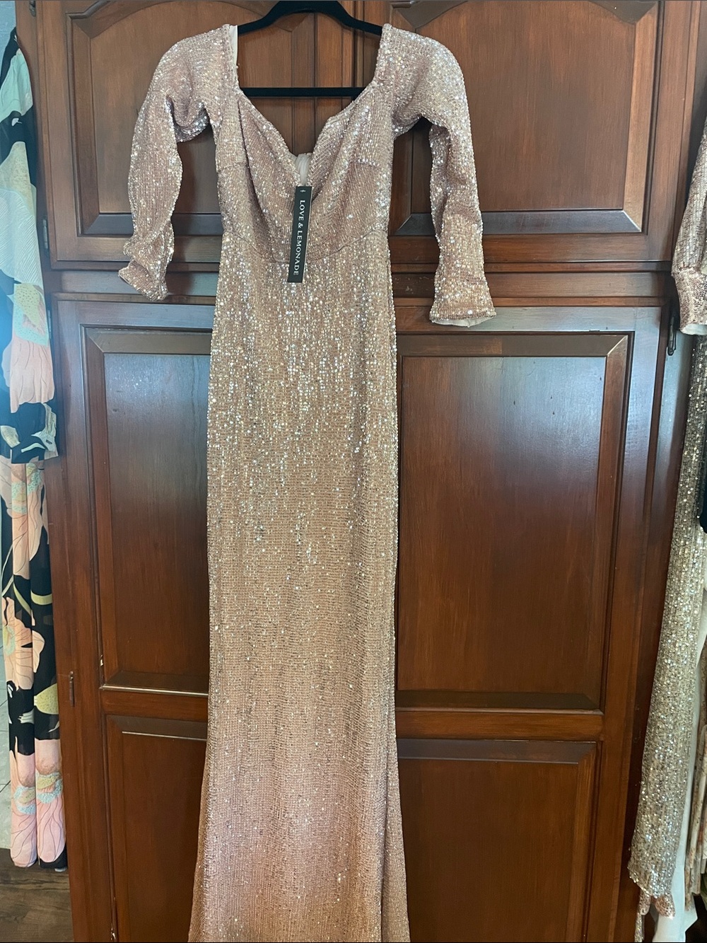 Sequin Long Sleeve Evening Gown - Champagne